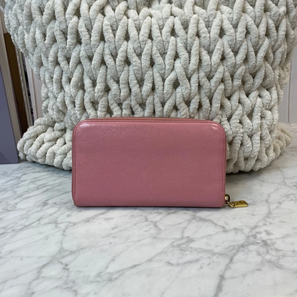 Miu Miu Rose Pink Leather Zip-Around Wallet with Bow